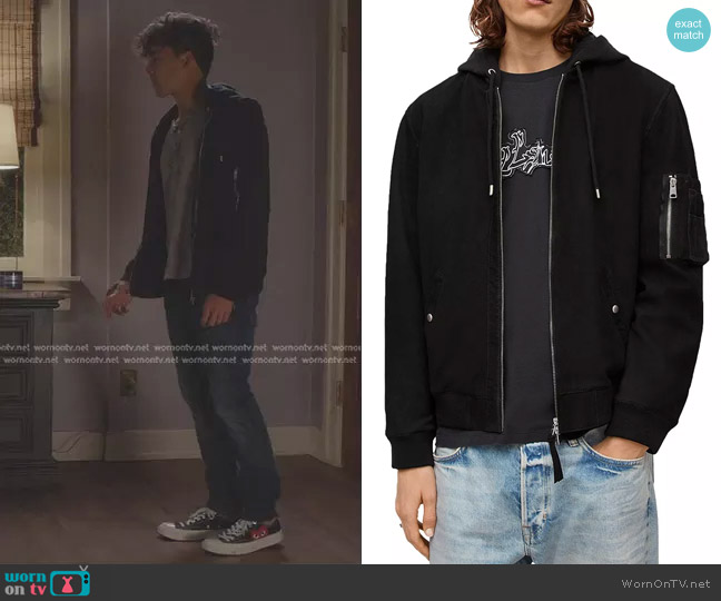 All Saints Izaka Nubuck Leather Bomber Jacket  worn by Lucas Adams (Niko Terho) on Greys Anatomy