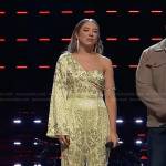 Alyssa Lazar’s yellow embellished one-shoulder jumpsuit on The Voice