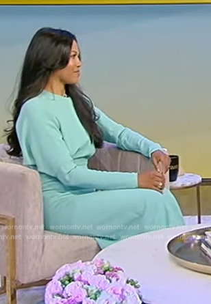 Amerie Nicholson’s aqua long sleeve midi dress on Tamron Hall Show