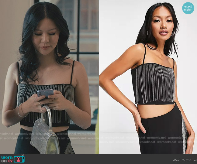 & Other Stories Rhinestone fringe top in black worn by Aimee Li (Aimee Li) on Bel-Air