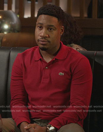 Anthony’s red polo sweater on Grand Crew