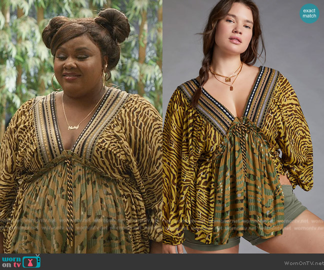 Anthropologie Embroidered V-Neck Blouse worn by Nicky (Nicole Byer) on Grand Crew