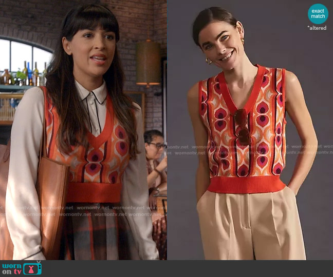 Maeve at Anthropologie Vera Jacquard Sweater Vest worn by Sam (Hannah Simone) on Not Dead Yet