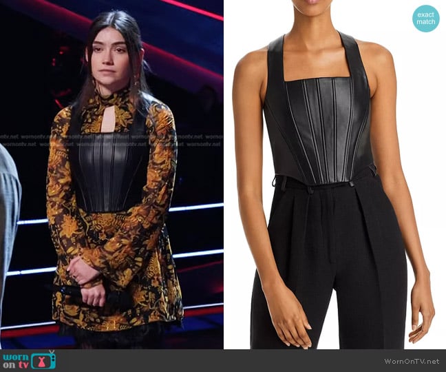 Aqua Farra Faux Leather Corset Top worn by Gina Miles on The Voice