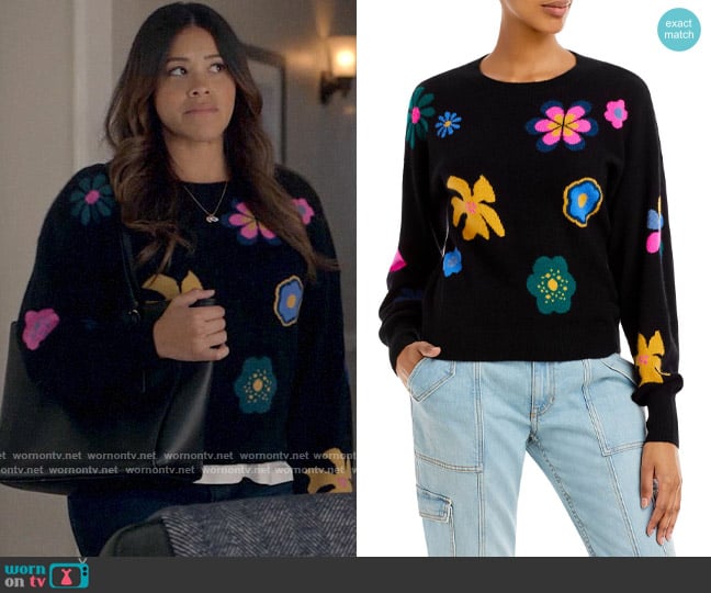 Aqua Retro Floral Intarsia Cashmere Sweater worn by Nell Serrano (Gina Rodriguez) on Not Dead Yet