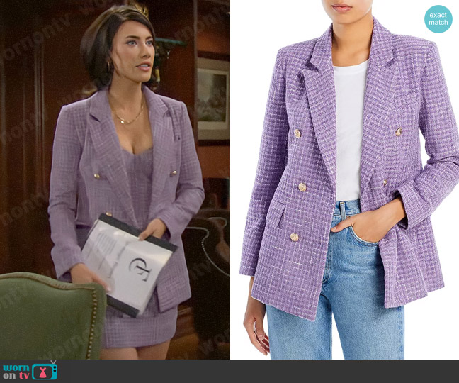 Aqua x Maeve Reilly Tweed Double Breasted Blazer in Lavender worn by Steffy Forrester (Jacqueline MacInnes Wood) on The Bold and the Beautiful