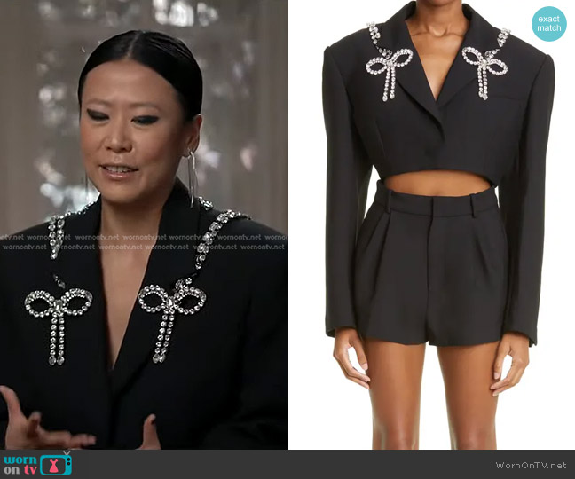 Area Nameplate Crystal Trim Open Back Crop Blazer worn by Domee Shi on Good Morning America