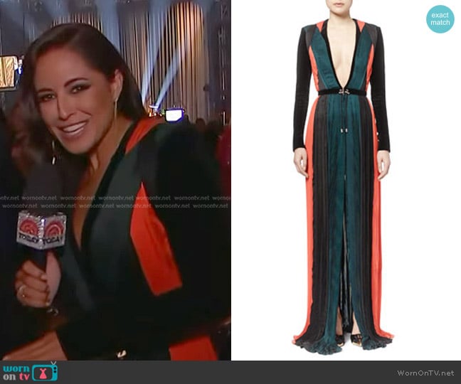 Balmain Plisse Chiffon Colorblock Dress, Orange Vert Noir worn by Kaylee Hartung on Today