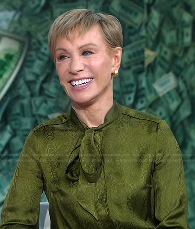 Barbara Corcoran's green tie neck blouse and pants on Good Morning America