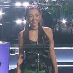 Bella Heichel’s black ruffled leather zip top on The Voice