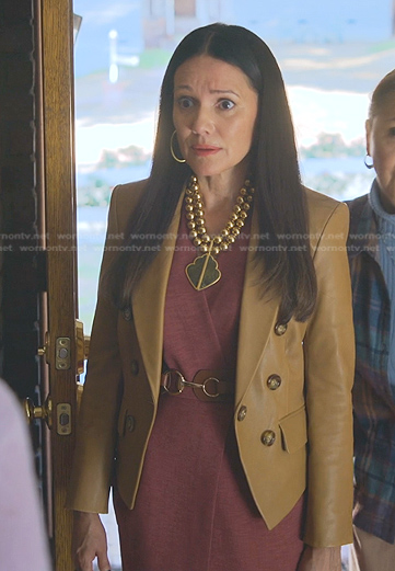 Bianca's camel double breasted leather blazer on Good Trouble