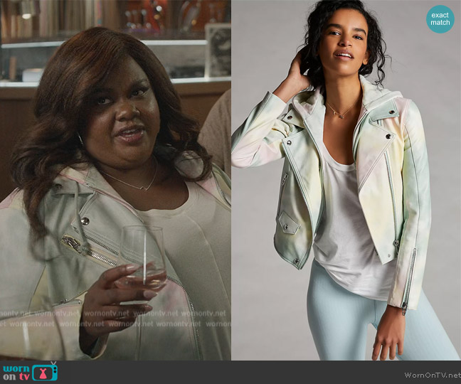 BlankNYC Nocturne Tie-Dye Faux Leather Moto Jacket worn by Nicky (Nicole Byer) on Grand Crew