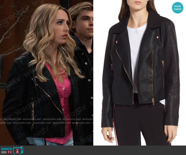 Blank NYC Meant to Be Moto Jacket with Removable Hood worn by Josslyn Jacks (Eden McCoy) on General Hospital