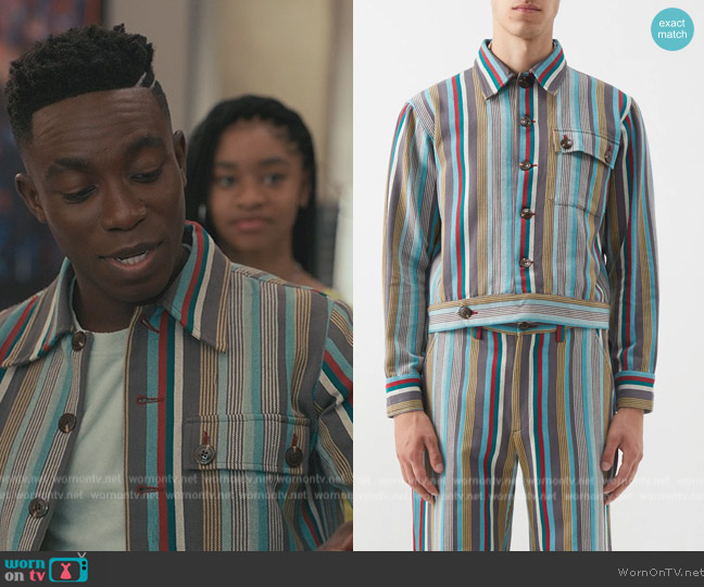 Bode Kolkata striped cotton jacket worn by Carlton Banks (Olly Sholotan) on Bel-Air