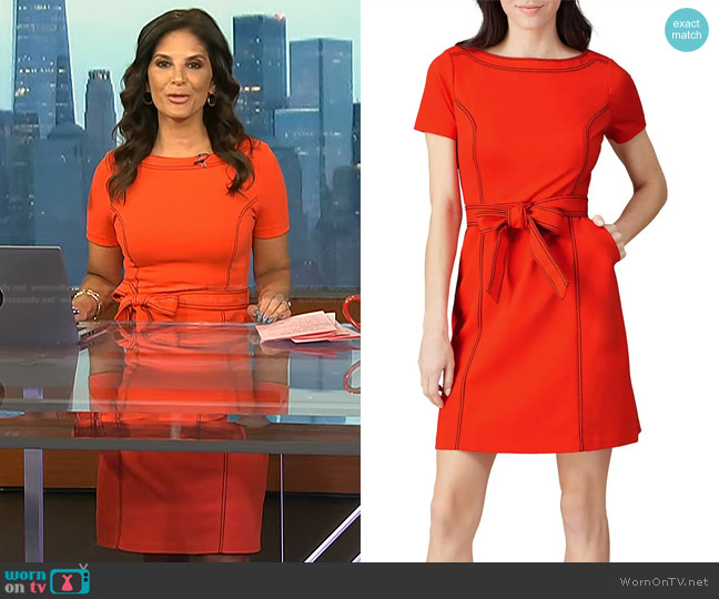 WornOnTV: Darlene’s red tie waist dress with black stitching on Today ...