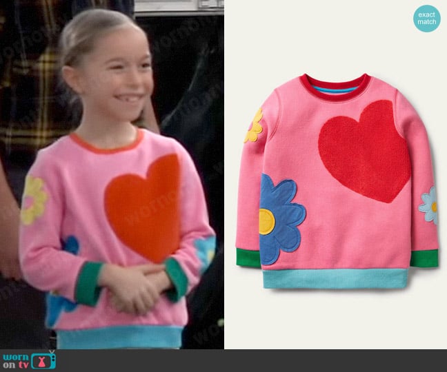 Boden Appliqué Sweatshirt in Bright Petal Pink Heart worn by Violet Finn (Jophielle Love) on General Hospital