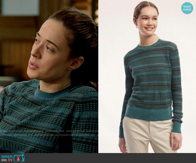 Brooks Brothers Linen Cotton Stripe Sweater in Green Teal worn by Kim Burgess (Marina Squerciati) on Chicago PD