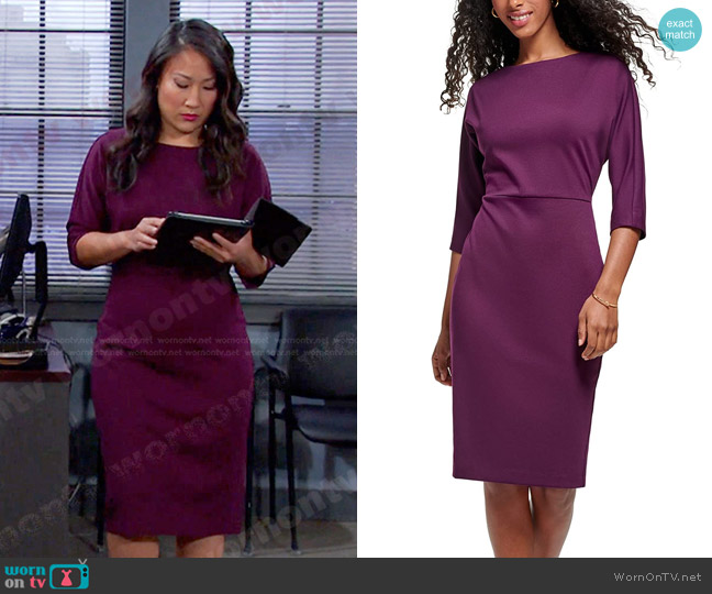 Calvin Klein 3/4 Sleeve Ponte Dress worn by Melinda Trask (Tina Huang) on Days of our Lives