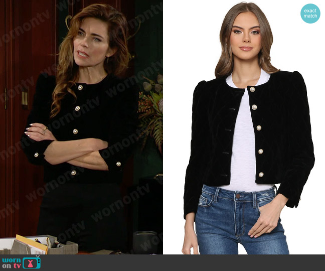 Central Park West Hayes Velvet Quilted Jacket worn by Victoria Newman (Amelia Heinle) on The Young and the Restless