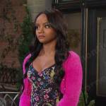 Chanel’s black paisley print dress and pink cardigan on Days of our Lives