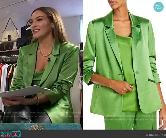 Cinq a Sept Marta Beaded Tassel Silk Camisole and Blazer worn by Emily Orozco on Access Hollywood