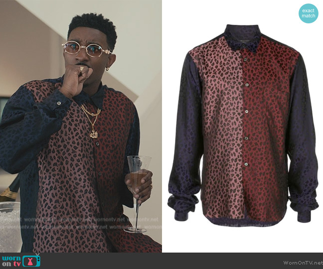 Comme Des Gargons Leopard print panelled long-line shirt worn by Jazz (Jordan L. Jones) on Bel-Air