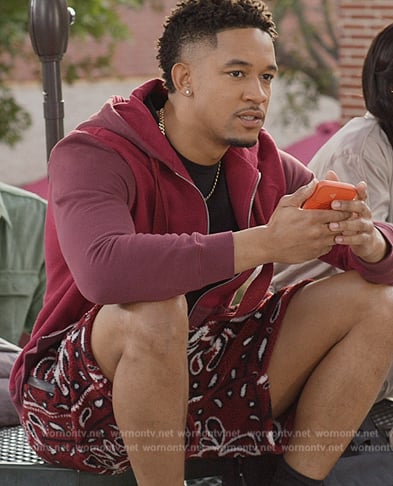 Damon's red paisley print shorts on All American Homecoming
