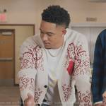 Damon’s white paisley print cardigan on All American Homecoming