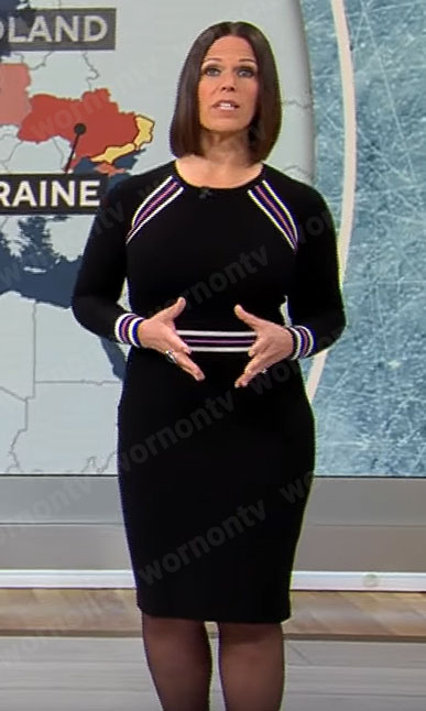 Dana Jacobson’s black dress with striped details on CBS Mornings
