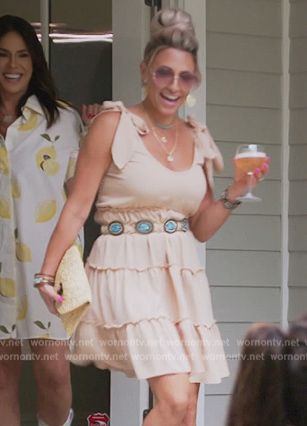 Danielle's beige tie shoulder mini dress on The Real Housewives of New Jersey