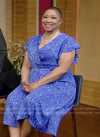Deja Vu’s blue printed wrap dress on Live with Kelly and Ryan