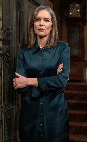 Diane's teal green satin shirt dress on The Young and the Restless