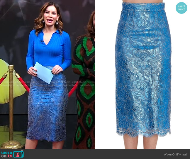 Dolce & Gabbana Metallic Lace Scalloped Skirt worn by Rebecca Jarvis on Good Morning America