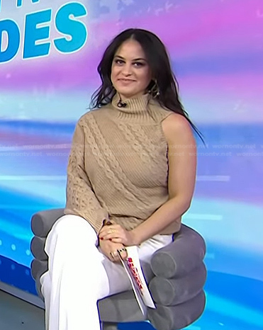 Donna’s beige cable knit one-shoulder sweater on Today