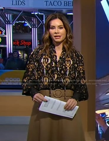 Rebecca’s black ikat tie neck blouse and skirt on Good Morning America