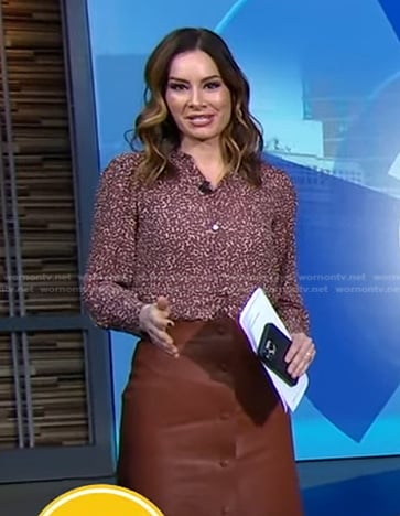 Rebecca's floral blouse and brown leather skirt on Good Morning America