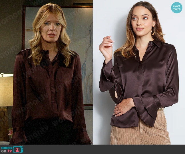 Elie Tahari Silk Satin Shirt in Coffee worn by Phyllis Summers (Michelle Stafford) on The Young and the Restless