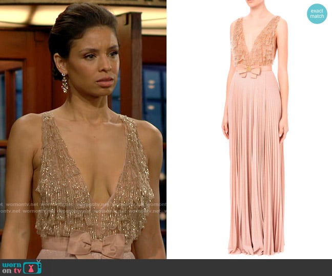 Elisabetta Franchi Red Carpet dress with embroidered bodice in Nude worn by Elena Dawson (Brytni Sarpy) on The Young and the Restless