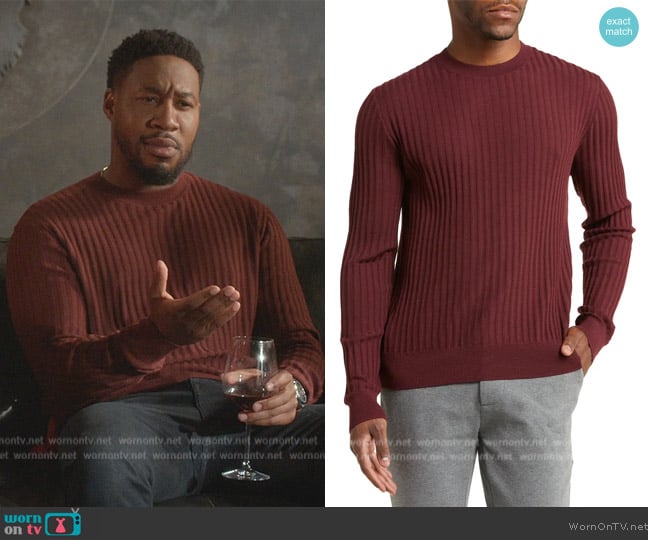 Emporio Armani Crewneck Virgin Wool Rib Sweater worn by Anthony Holmes (Aaron Jennings) on Grand Crew