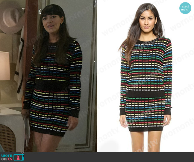 Endless Rose Stitched Sweater and Skirt worn by Sam (Hannah Simone) on Not Dead Yet