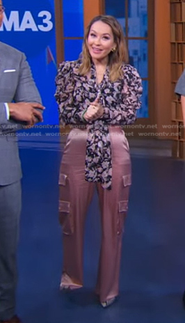 Eva's black floral blouse and pink satin pants on Good Morning America