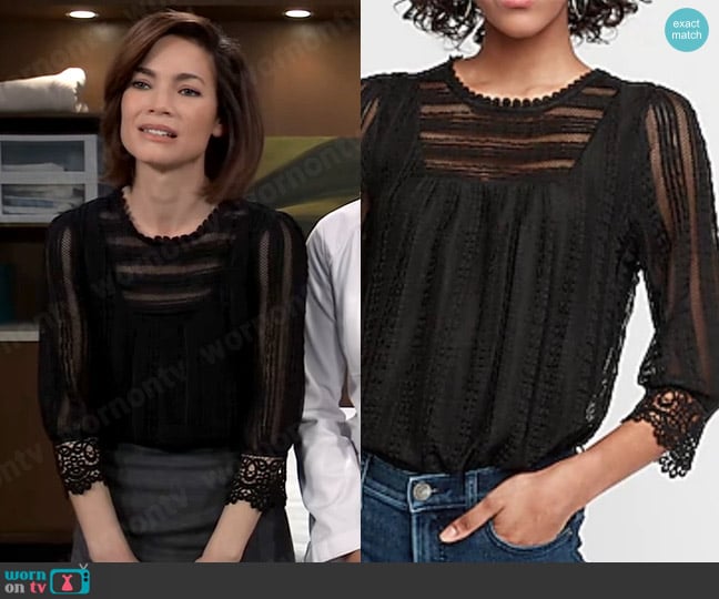 Express Lace Bib Thong Bodysuit worn by Elizabeth Webber (Rebecca Herbst) on General Hospital