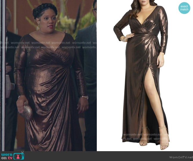 Fabulouss by Mac Duggal Long Sleeve Metallic Gown worn by Dori Ovens (X Mayo) on American Auto