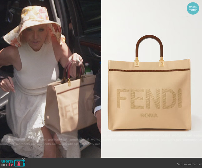 Fendi Sunshine medium leather-trimmed embroidered canvas tote worn by Margaret Josephs on The Real Housewives of New Jersey