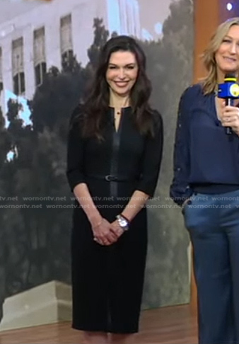 Finola Hughes’s black leather trim zip dress on Good Morning America