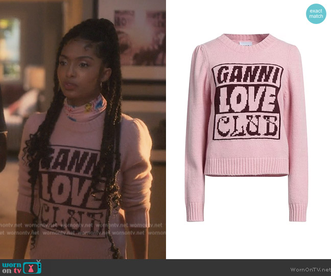 Ganni Love Club Sweater worn by Zoey Johnson (Yara Shahidi) on Grown-ish