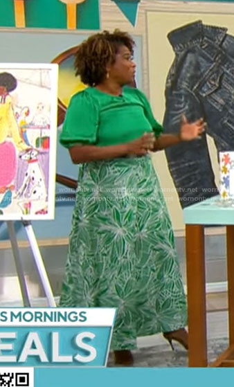Gayle Bass's green and white printed maxi skirt on CBS Mornings