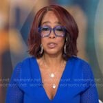 Gayle King’s blue v-neck dress with lace knit sleeves on CBS Mornings