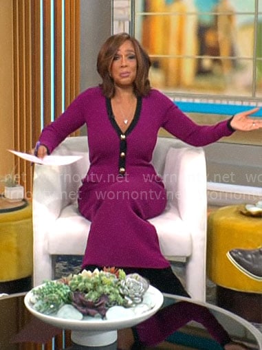 Gayle King’s pink knit dress with gold buttons and contrasting trim on CBS Mornings