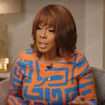Gayle King’s orange and blue printed dress on CBS Mornings